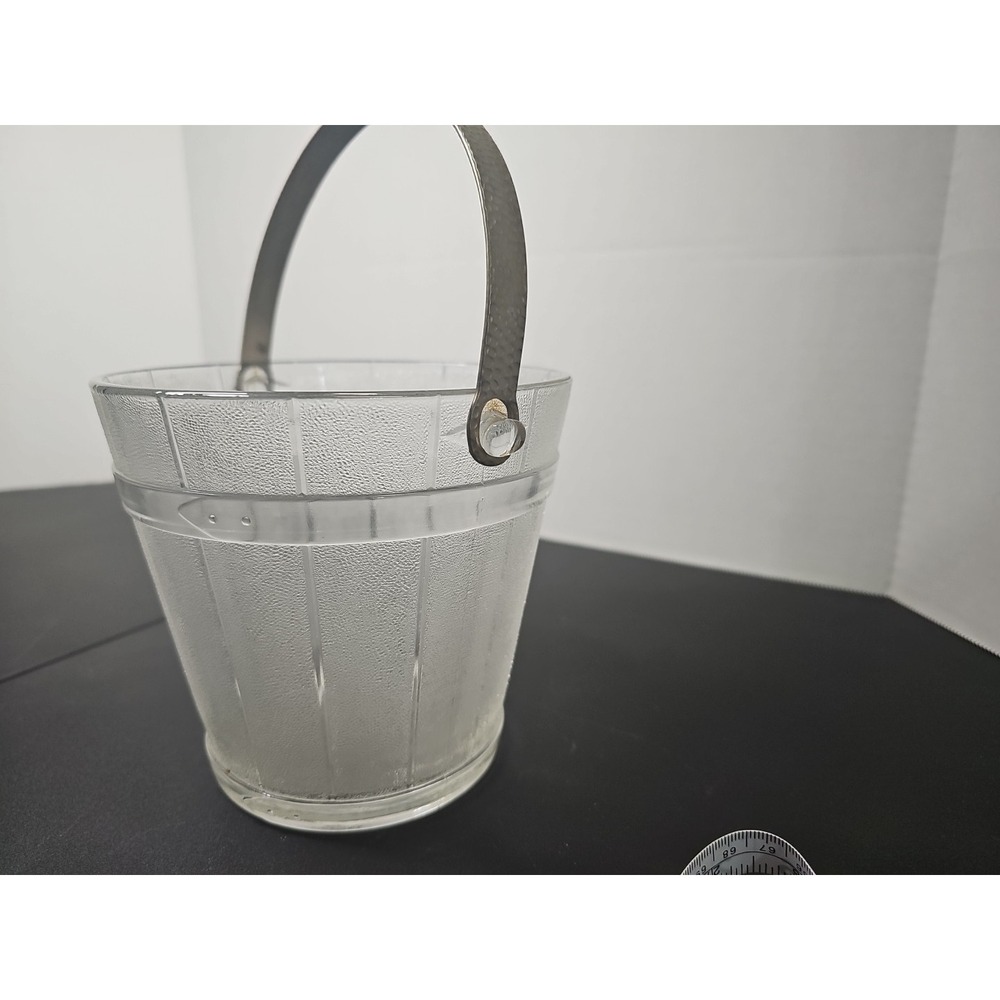 Vintagr Depression Textured Clear Glass Keg Barware Ice Bucket w/ Handle & Tongs - Picture 10 of 10